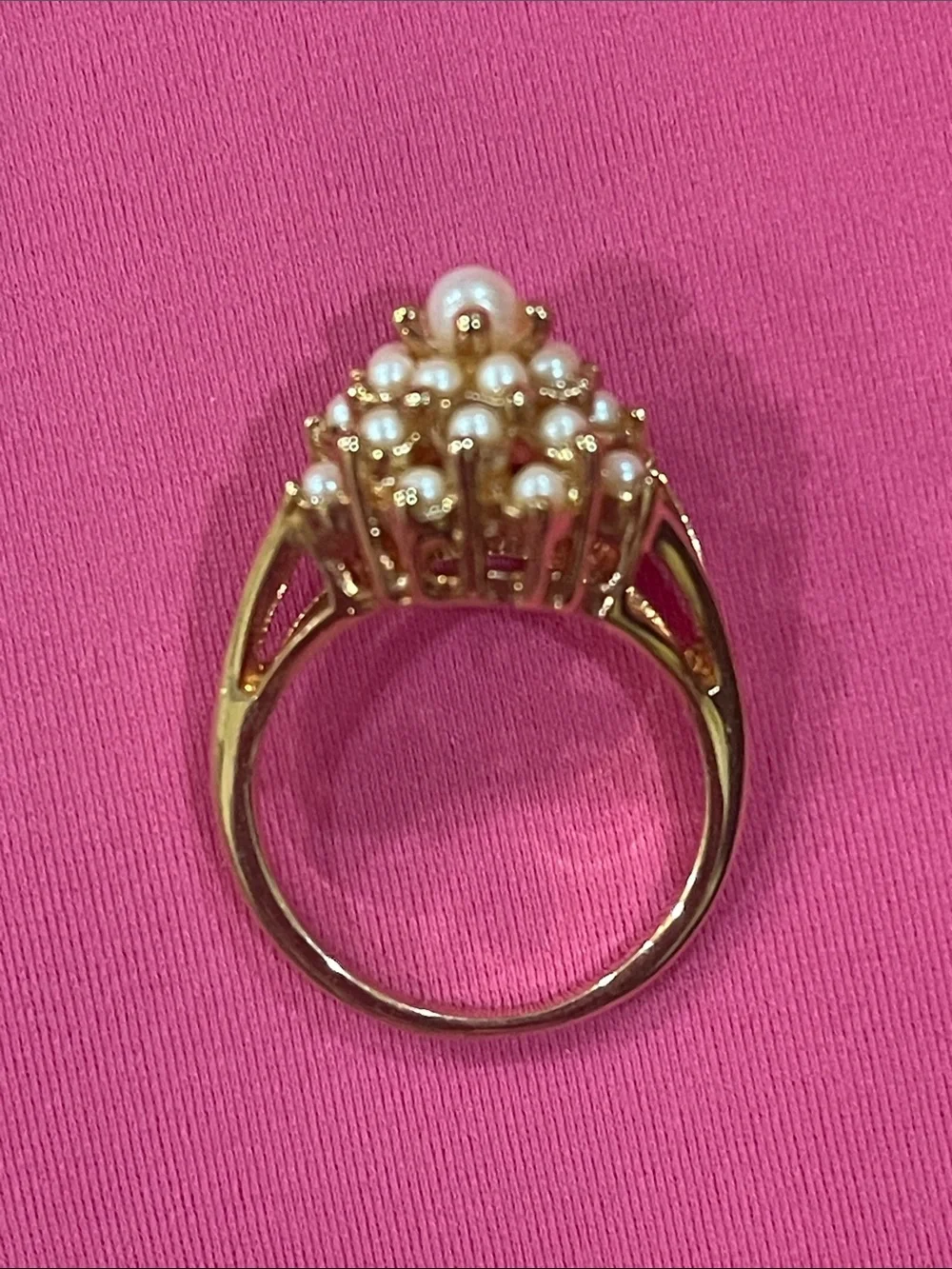 Pearl 18K Gold Filled Stamped Cluster Vintage Cocktail Ring with Creamy Pearls